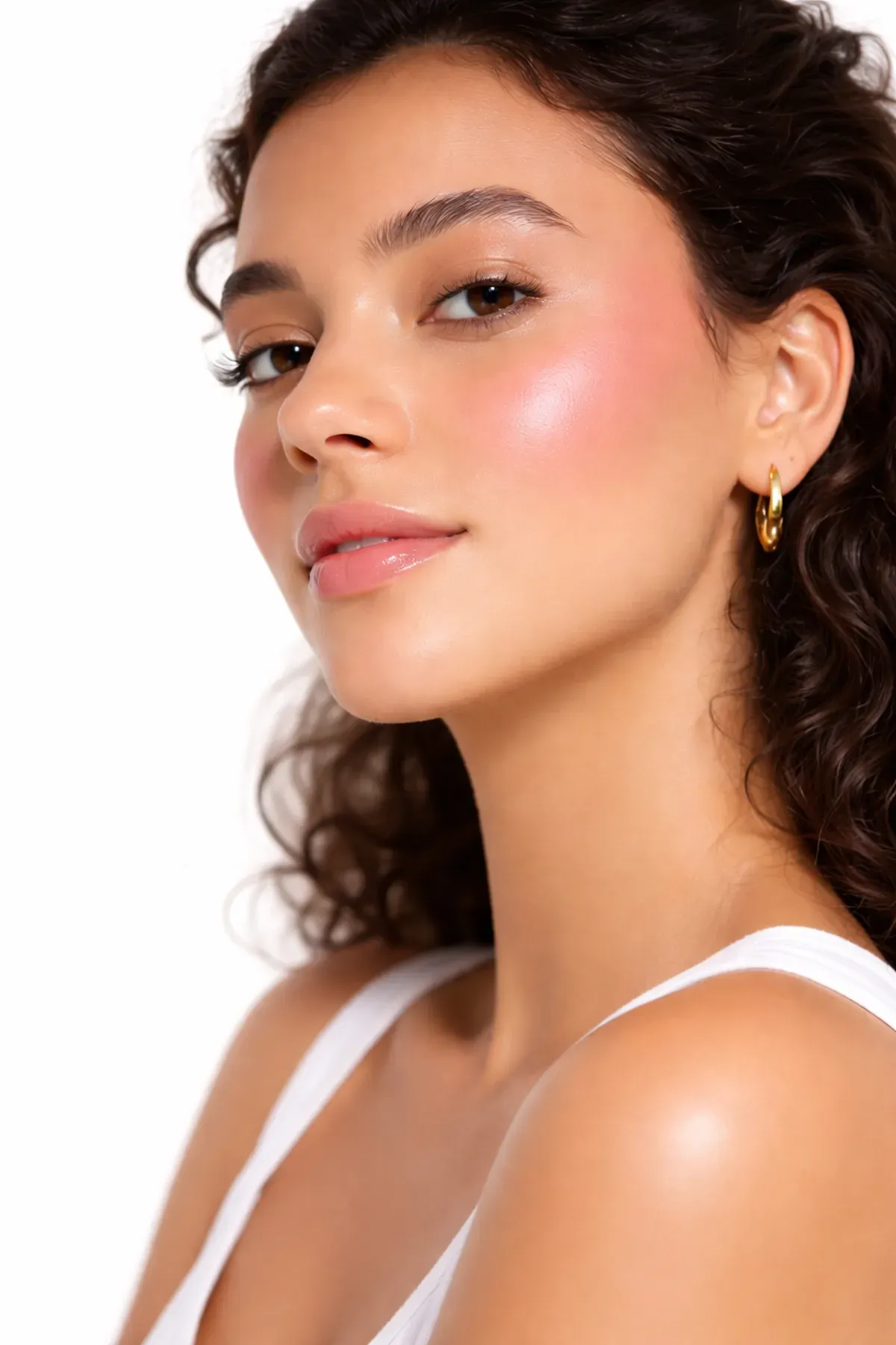 Porträtt med mjuk rouge, naturlig hud och glowy makeup